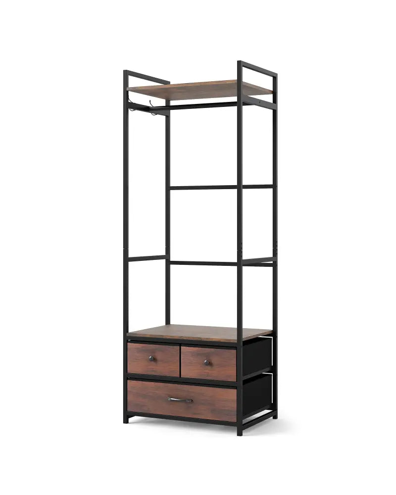 Clothes Rack with Drawers and Shelves with Side Hooks and Metal Frame-Rustic Brown - Rustic Brown - Coat Racks & Hall
