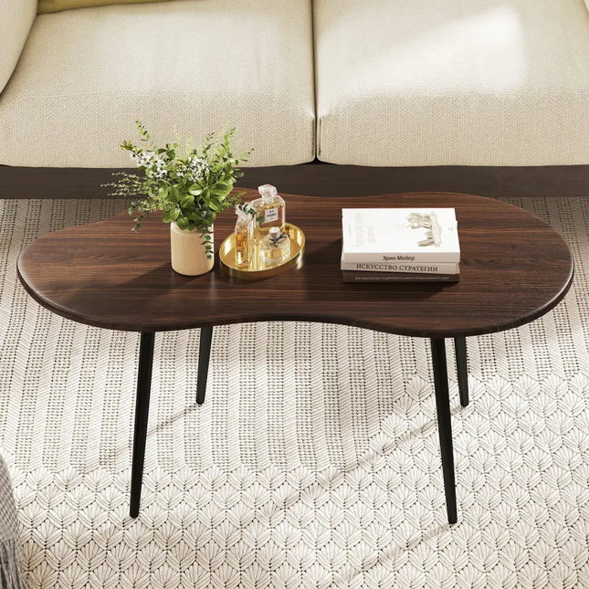 Cloud Shape Coffee Table 39.5 inch Irregular Center Table with Metal Frame - Walnut - Oasis Home Essentials