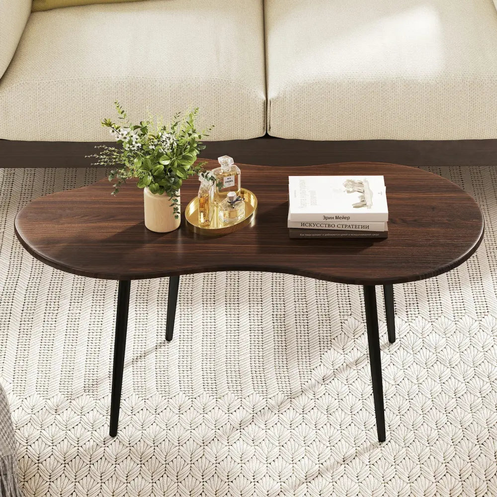 Cloud Shape Coffee Table 39.5 inch Irregular Center Table with Metal Frame - Walnut - Oasis Home Essentials