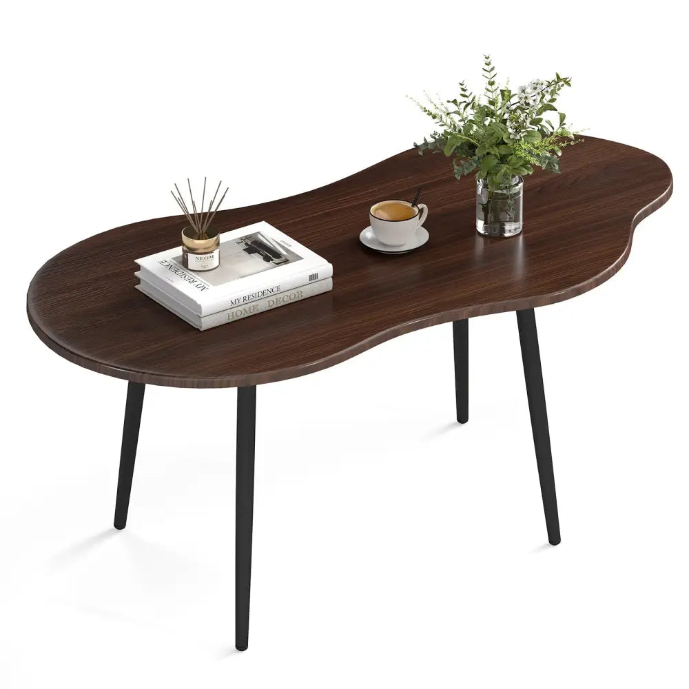 Cloud Shape Coffee Table 39.5 inch Irregular Center Table with Metal Frame - Walnut - Oasis Home Essentials