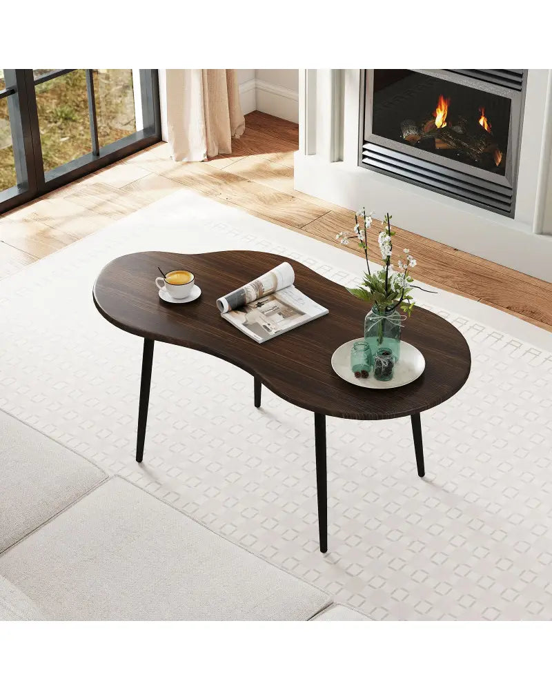 Cloud Shape Coffee Table 39.5 inch Irregular Center Table with Metal Frame-Walnut - Walnut - Coffee Tables