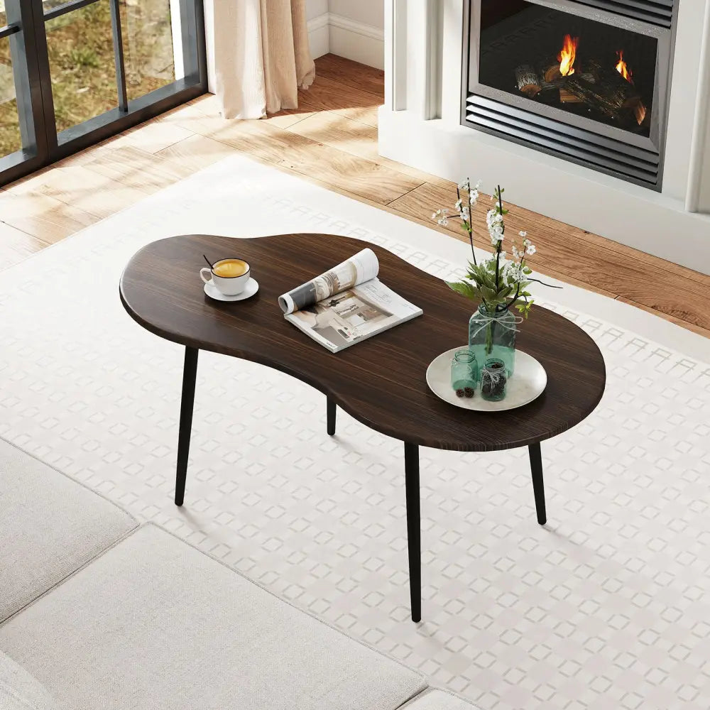 Cloud Shape Coffee Table 39.5 inch Irregular Center Table with Metal Frame-Walnut - Walnut - Coffee Tables