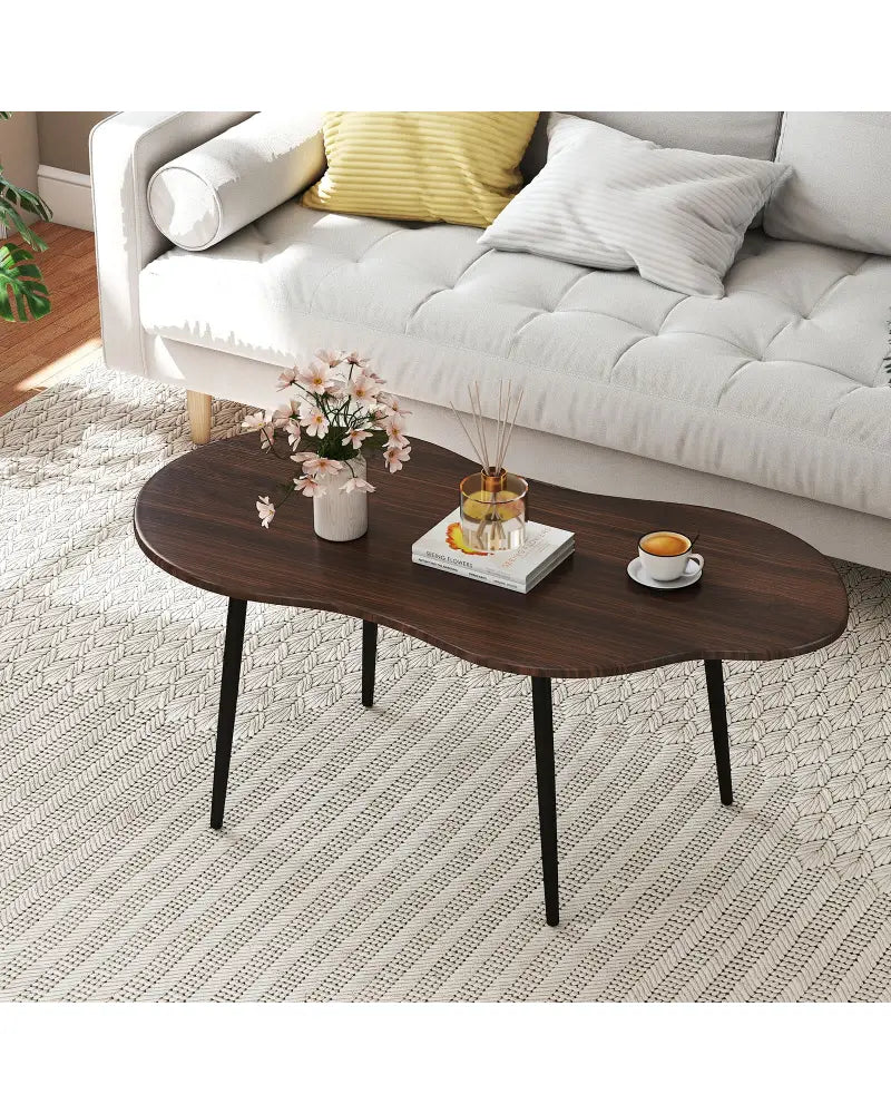 Cloud Shape Coffee Table 39.5 inch Irregular Center Table with Metal Frame-Walnut - Walnut - Coffee Tables