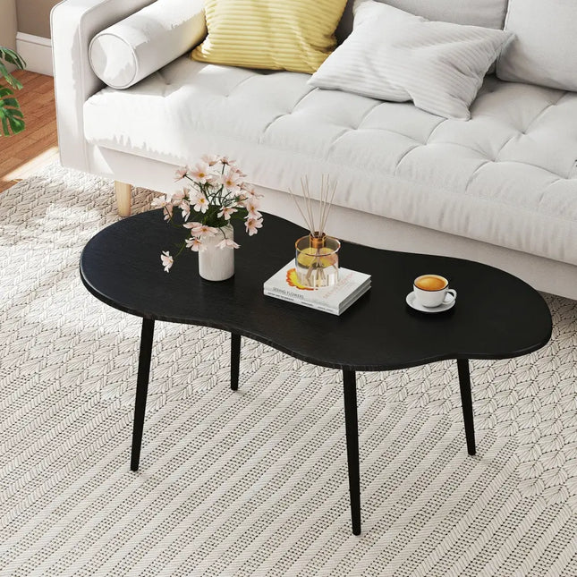 Cloud Shape Coffee Table 39.5 inch Irregular Center Table with Metal Frame - Black - Oasis Home Essentials