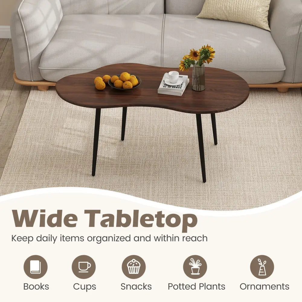 Cloud Shape Coffee Table 39.5 inch Irregular Center Table with Metal Frame - Walnut - Oasis Home Essentials