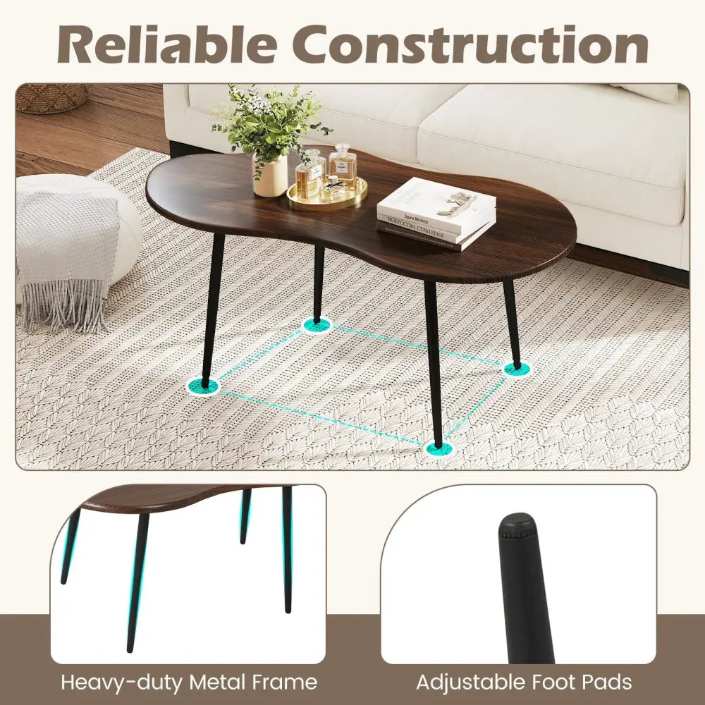Cloud Shape Coffee Table 39.5 inch Irregular Center Table with Metal Frame - Walnut - Oasis Home Essentials