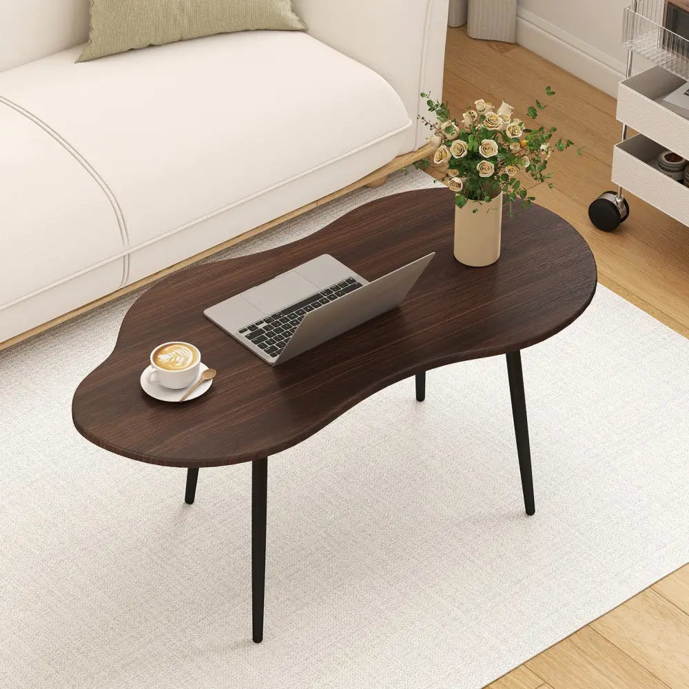 Cloud Shape Coffee Table 39.5 inch Irregular Center Table with Metal Frame - Walnut - Oasis Home Essentials