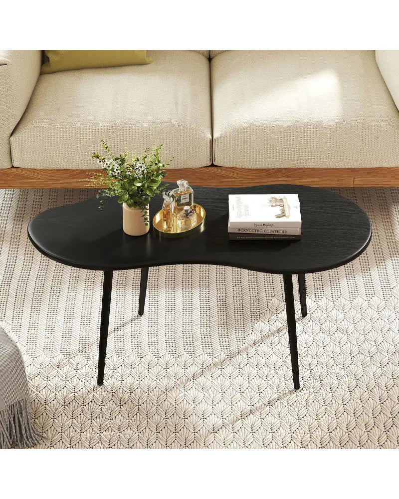 Cloud Shape Coffee Table 39.5 inch Irregular Center Table with Metal Frame-Black - Black - Coffee Tables
