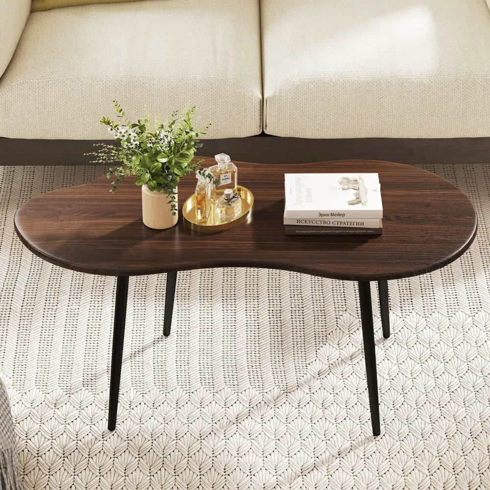Cloud Shape Coffee Table 39.5 inch Irregular Center Table with Metal Frame-Walnut - Walnut - Coffee Tables