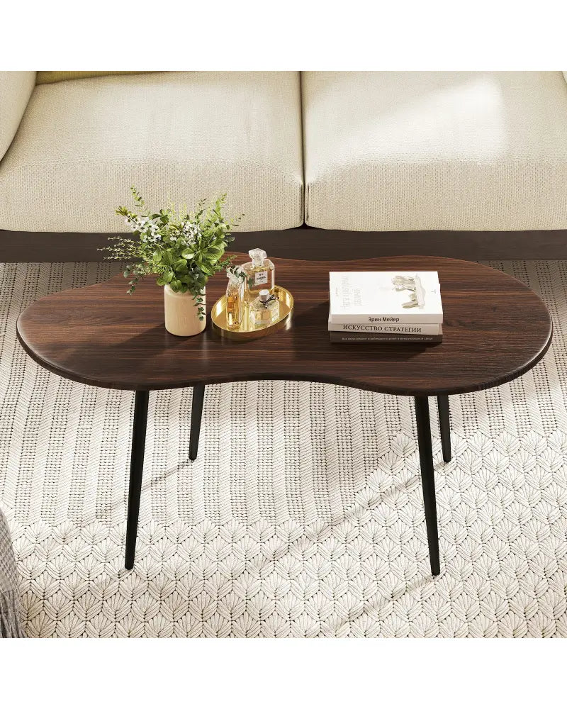 Cloud Shape Coffee Table 39.5 inch Irregular Center Table with Metal Frame-Walnut - Walnut - Coffee Tables