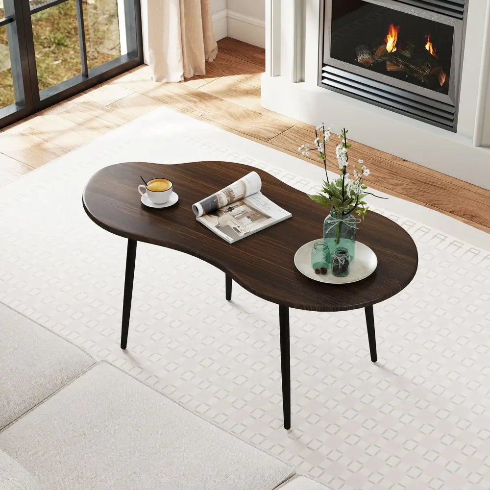 Cloud Shape Coffee Table 39.5 inch Irregular Center Table with Metal Frame - Walnut - Oasis Home Essentials