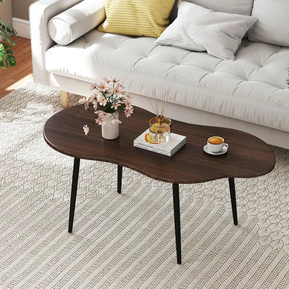 Cloud Shape Coffee Table 39.5 inch Irregular Center Table with Metal Frame - Walnut - Oasis Home Essentials