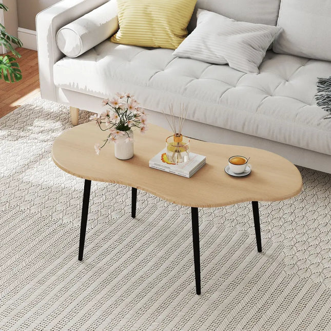 Cloud Shape Coffee Table 39.5 inch Irregular Center Table with Metal Frame - Natural - Oasis Home Essentials