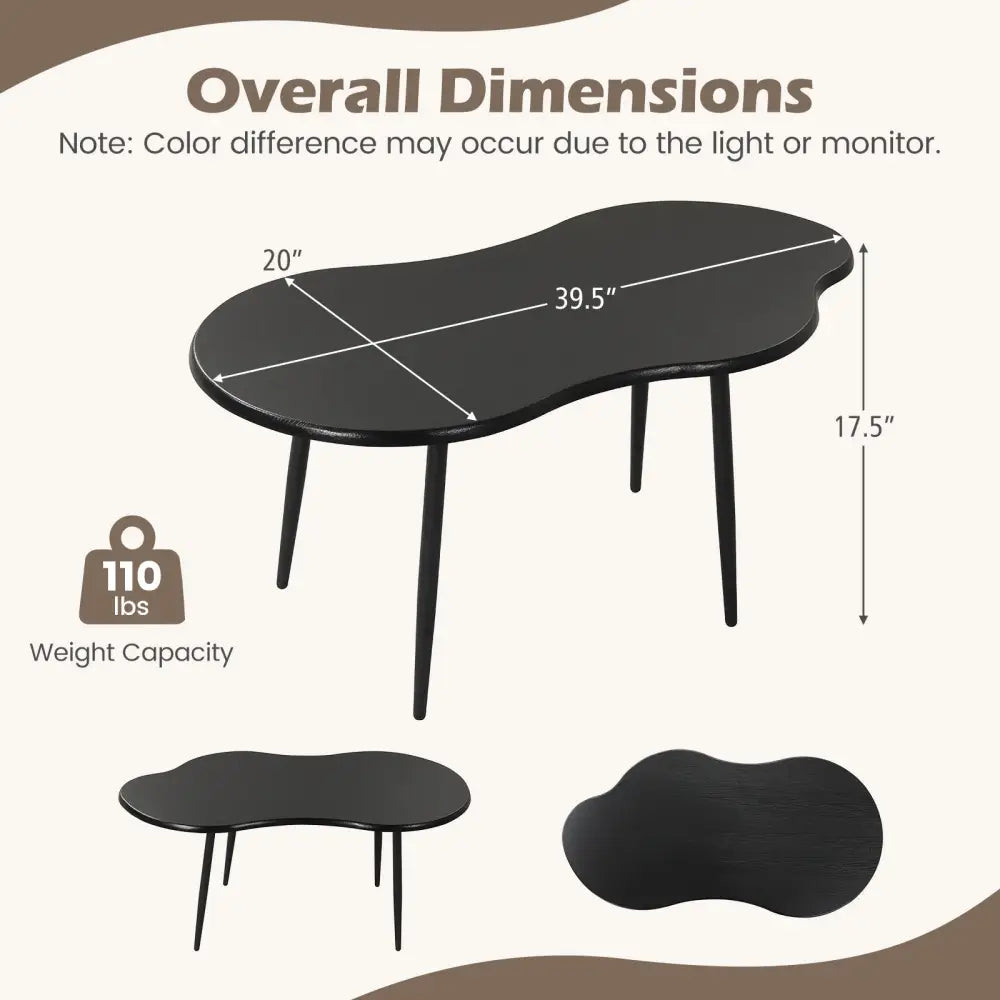 Cloud Shape Coffee Table 39.5 inch Irregular Center Table with Metal Frame - Black - Oasis Home Essentials