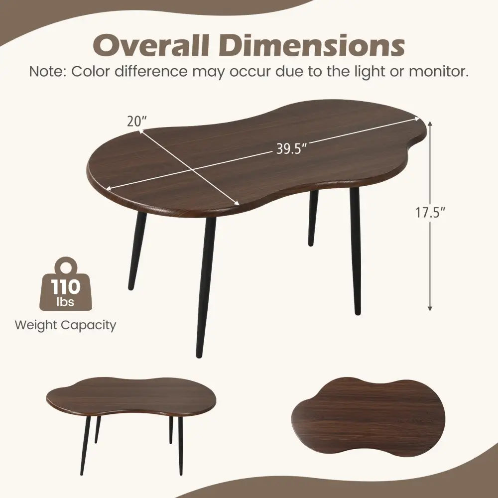 Cloud Shape Coffee Table 39.5 inch Irregular Center Table with Metal Frame - Walnut - Oasis Home Essentials