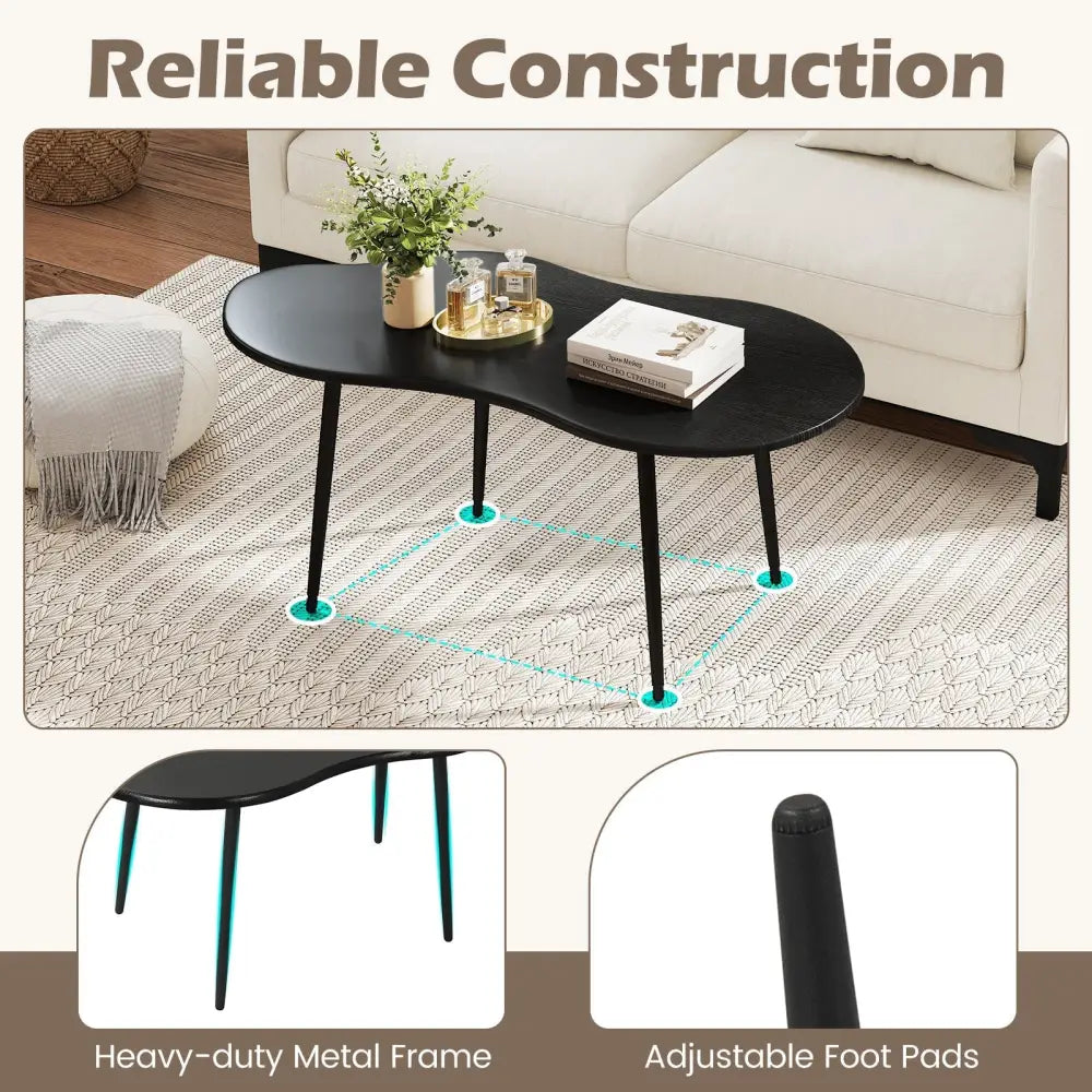 Cloud Shape Coffee Table 39.5 inch Irregular Center Table with Metal Frame - Black - Oasis Home Essentials