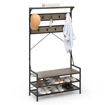 Coat Rack 4-In-1 Hall Tree with 11 Hanging Hooks Shoe Bench-Gray - Gray - Coat Racks & Hall Trees