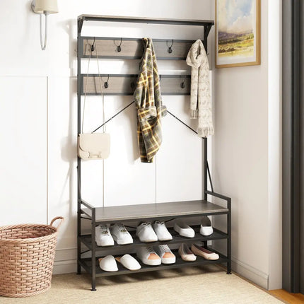 Coat Rack 4-In-1 Hall Tree with 11 Hanging Hooks Shoe Bench-Gray - Gray - Coat Racks & Hall Trees