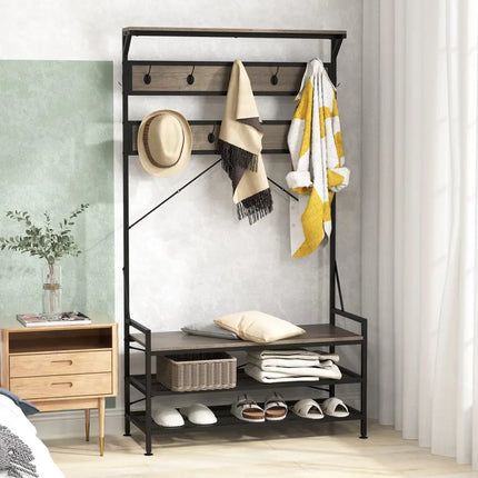 Coat Rack 4-In-1 Hall Tree with 11 Hanging Hooks Shoe Bench-Gray - Gray - Coat Racks & Hall Trees