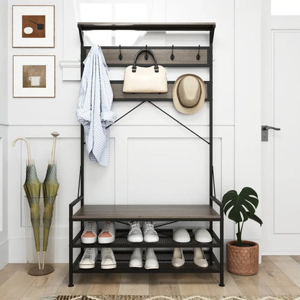 Coat Rack 4-In-1 Hall Tree with 11 Hanging Hooks Shoe Bench-Gray - Gray - Coat Racks & Hall Trees