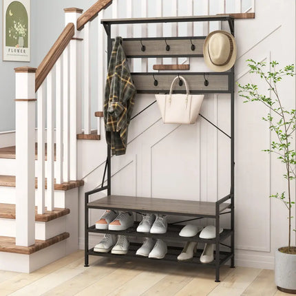 Coat Rack 4-In-1 Hall Tree with 11 Hanging Hooks Shoe Bench-Gray - Gray - Coat Racks & Hall Trees
