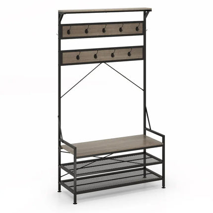 Coat Rack 4-In-1 Hall Tree with 11 Hanging Hooks Shoe Bench-Gray - Gray - Coat Racks & Hall Trees