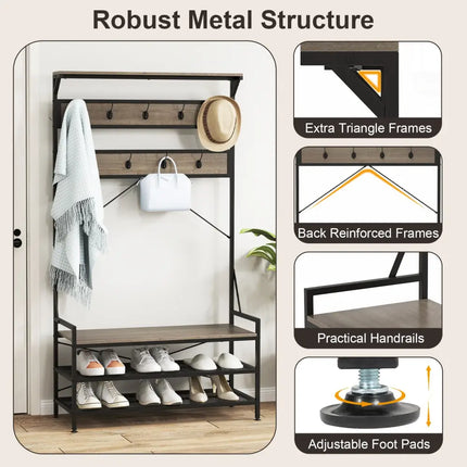 Coat Rack 4-In-1 Hall Tree with 11 Hanging Hooks Shoe Bench-Gray - Gray - Coat Racks & Hall Trees