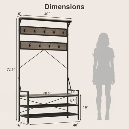 Coat Rack 4-In-1 Hall Tree with 11 Hanging Hooks Shoe Bench-Gray - Gray - Coat Racks & Hall Trees