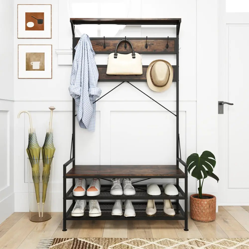 Coat Rack 4-In-1 Hall Tree with 11 Hanging Hooks Shoe Bench-Rustic Brown - Rustic Brown - Coat Racks & Hall Trees