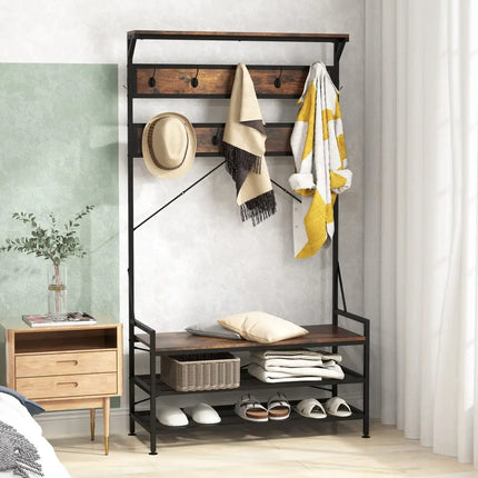 Coat Rack 4-In-1 Hall Tree with 11 Hanging Hooks Shoe Bench-Rustic Brown - Rustic Brown - Coat Racks & Hall Trees