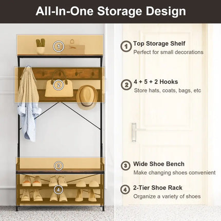 Coat Rack 4-In-1 Hall Tree with 11 Hanging Hooks Shoe Bench-Rustic Brown - Rustic Brown - Coat Racks & Hall Trees