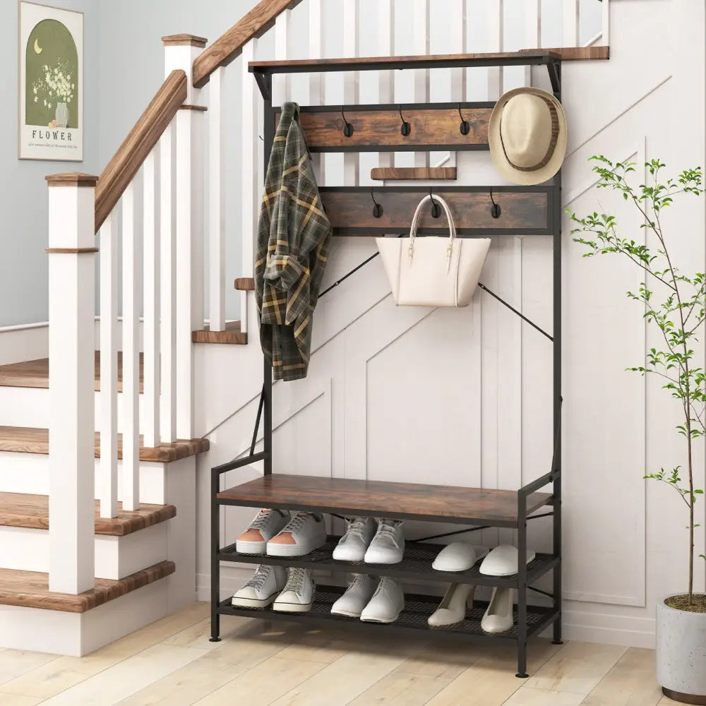 Coat Rack 4-In-1 Hall Tree with 11 Hanging Hooks Shoe Bench-Rustic Brown - Rustic Brown - Coat Racks & Hall Trees
