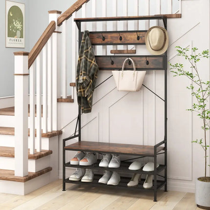 Coat Rack 4-In-1 Hall Tree with 11 Hanging Hooks Shoe Bench-Rustic Brown - Rustic Brown - Coat Racks & Hall Trees
