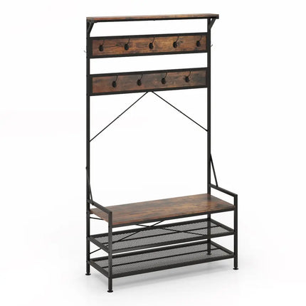Coat Rack 4-In-1 Hall Tree with 11 Hanging Hooks Shoe Bench-Rustic Brown - Rustic Brown - Coat Racks & Hall Trees