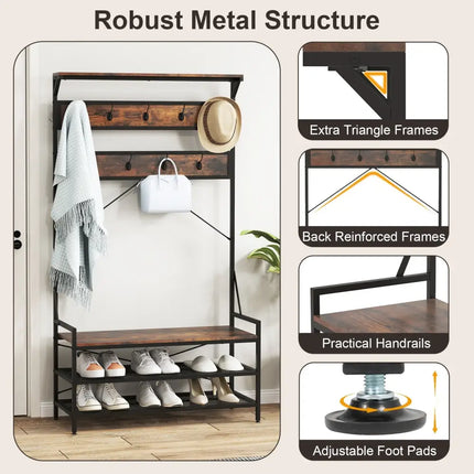 Coat Rack 4-In-1 Hall Tree with 11 Hanging Hooks Shoe Bench-Rustic Brown - Rustic Brown - Coat Racks & Hall Trees