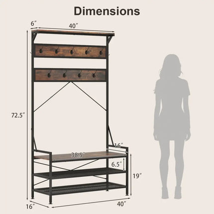 Coat Rack 4-In-1 Hall Tree with 11 Hanging Hooks Shoe Bench-Rustic Brown - Rustic Brown - Coat Racks & Hall Trees