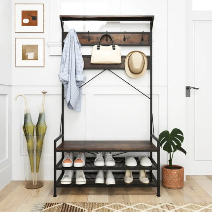 Coat Rack 4-In-1 Hall Tree with 11 Hanging Hooks Shoe Bench-Rustic Brown - Rustic Brown - Coat Racks & Hall Trees