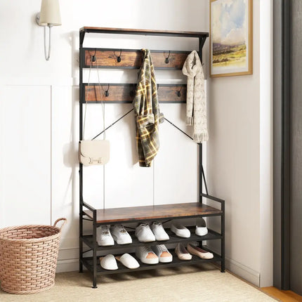Coat Rack 4-In-1 Hall Tree with 11 Hanging Hooks Shoe Bench-Rustic Brown - Rustic Brown - Coat Racks & Hall Trees