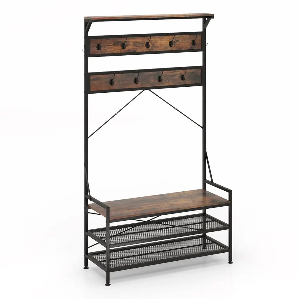 Coat Rack 4-In-1 Hall Tree with 11 Hanging Hooks Shoe Bench-Rustic Brown - Rustic Brown - Coat Racks & Hall Trees