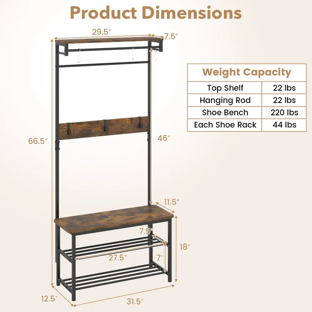 Coat Rack 4-In-1 Hall Tree with Shoe Bench and Removable Hooks-Coffee - Rustic Brown - Coat Racks & Hall Trees
