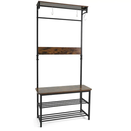 Coat Rack 4-In-1 Hall Tree with Shoe Bench and Removable Hooks-Coffee - Rustic Brown - Coat Racks & Hall Trees