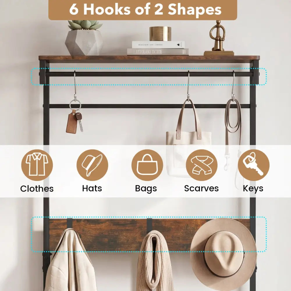 Coat Rack 4-In-1 Hall Tree with Shoe Bench and Removable Hooks-Coffee - Rustic Brown - Coat Racks & Hall Trees