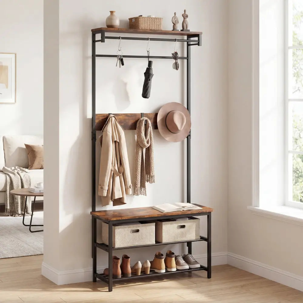 Coat Rack 4-In-1 Hall Tree with Shoe Bench and Removable Hooks-Coffee - Rustic Brown - Coat Racks & Hall Trees