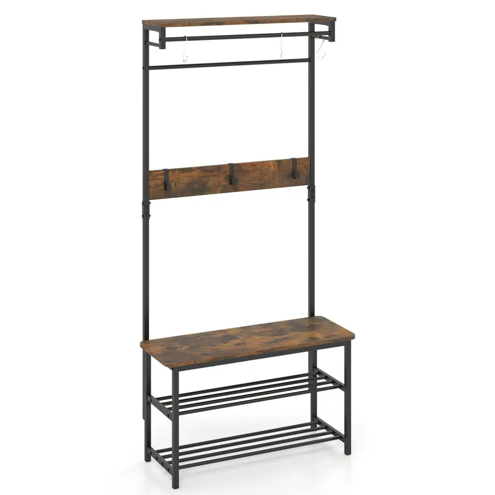 Coat Rack 4-In-1 Hall Tree with Shoe Bench and Removable Hooks-Coffee - Rustic Brown - Coat Racks & Hall Trees