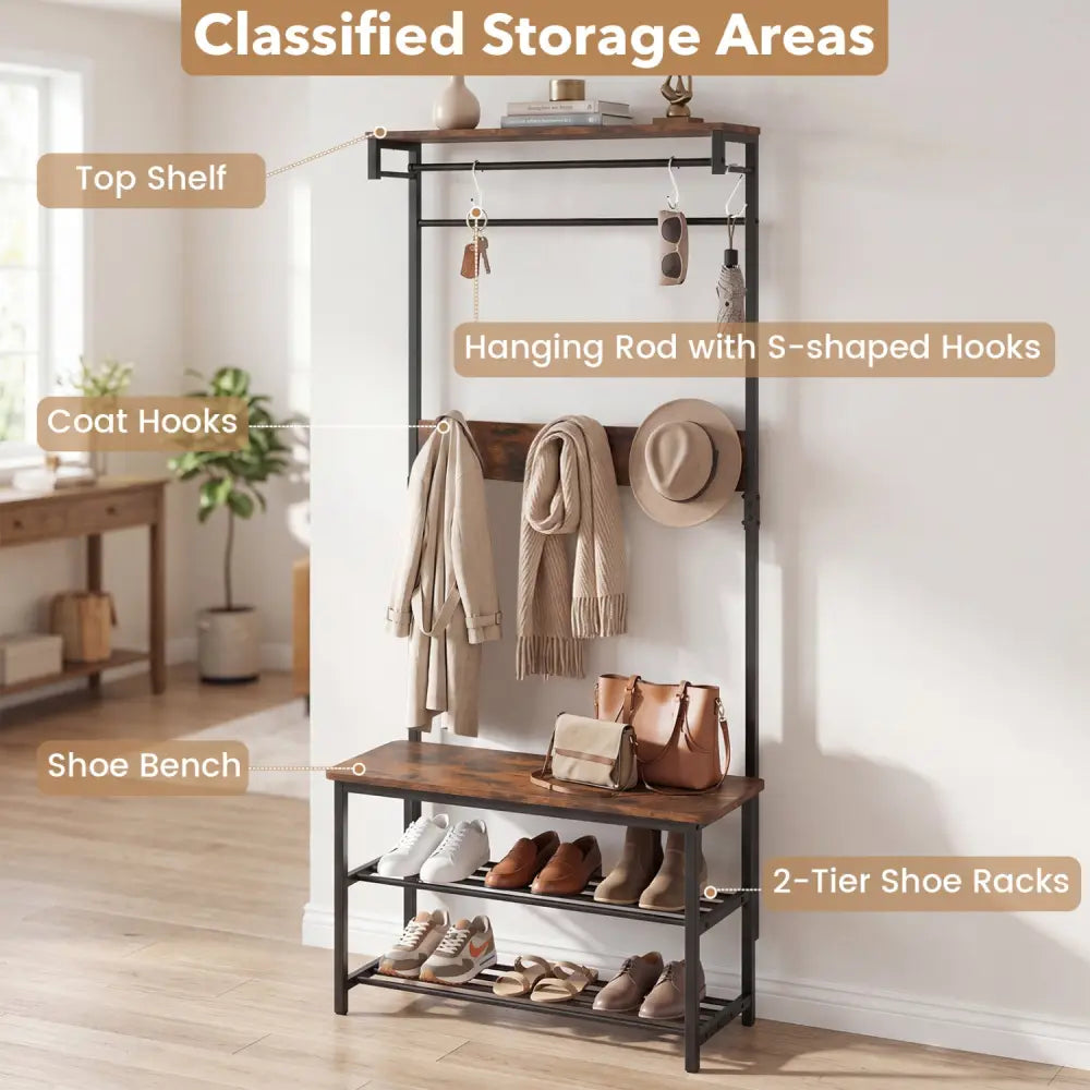 Coat Rack 4-In-1 Hall Tree with Shoe Bench and Removable Hooks-Coffee - Rustic Brown - Coat Racks & Hall Trees