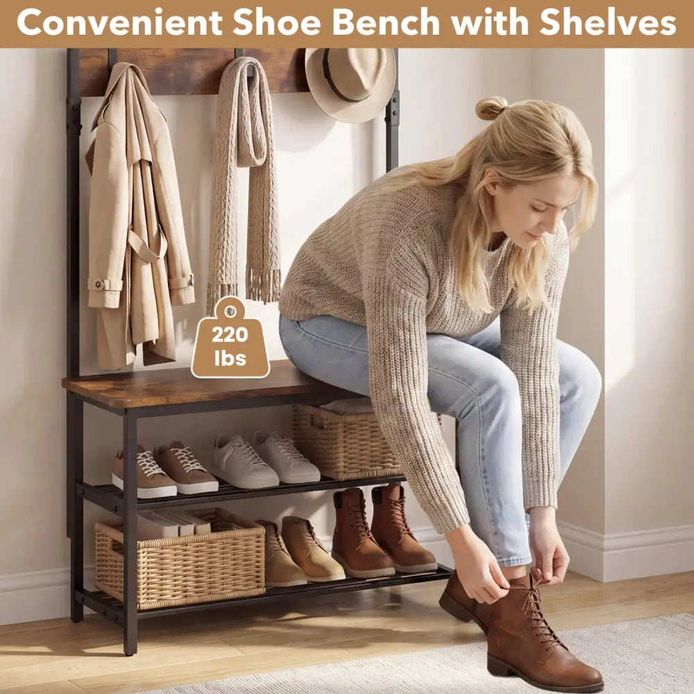 Coat Rack 4-In-1 Hall Tree with Shoe Bench and Removable Hooks-Coffee - Rustic Brown - Coat Racks & Hall Trees