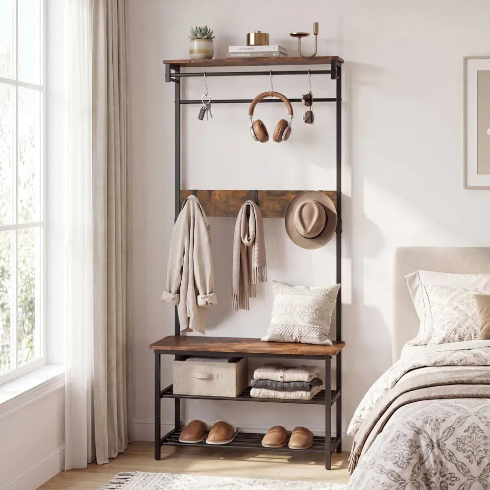 Coat Rack 4-In-1 Hall Tree with Shoe Bench and Removable Hooks-Coffee - Rustic Brown - Coat Racks & Hall Trees
