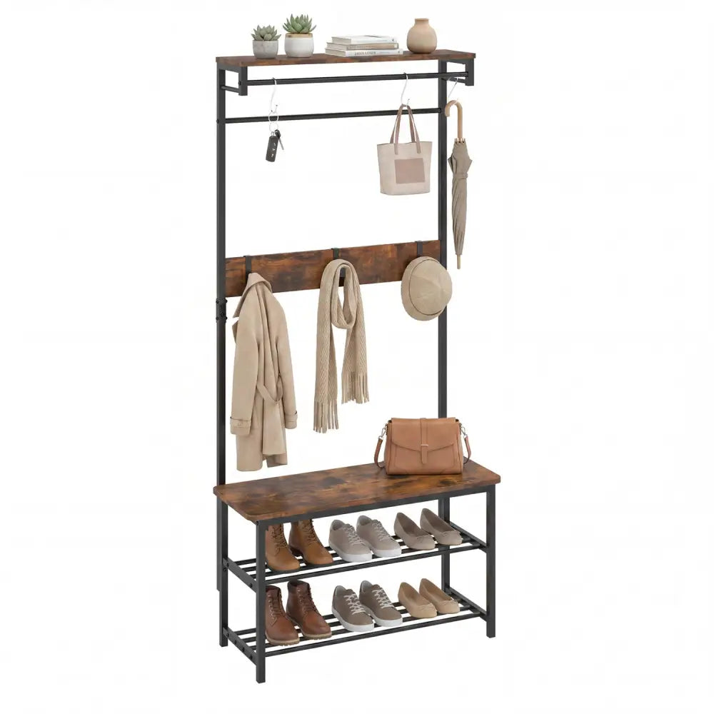 Coat Rack 4-In-1 Hall Tree with Shoe Bench and Removable Hooks-Coffee - Rustic Brown - Coat Racks & Hall Trees