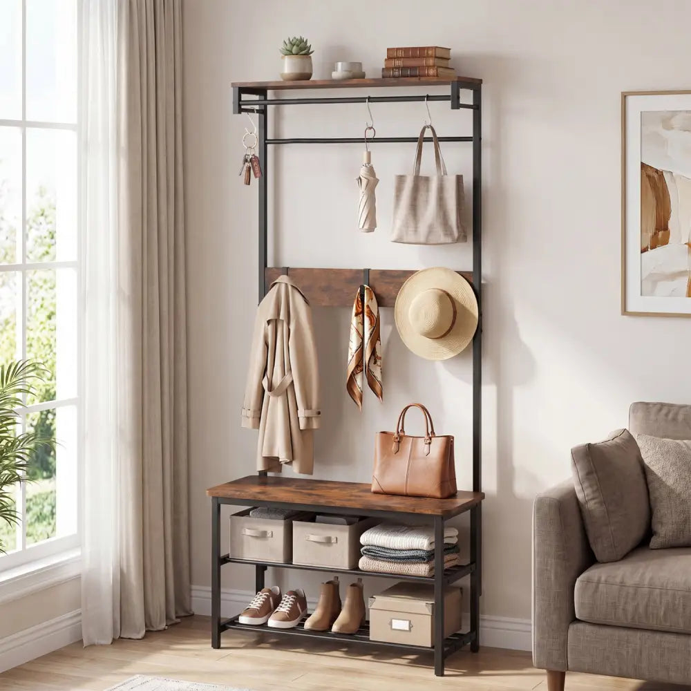 Coat Rack 4-In-1 Hall Tree with Shoe Bench and Removable Hooks-Coffee - Rustic Brown - Coat Racks & Hall Trees