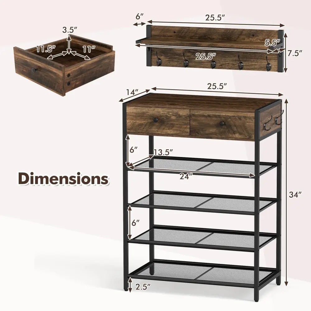Coat Rack Shoe Stand Set 5-Tier Shoe Rack with Wall-Mounted Coat Hanger-Brown - Brown - Shoe Racks & Storage Benches